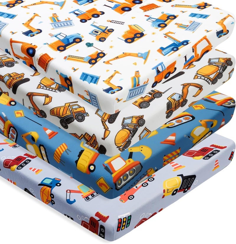 FIGEPO 4 Pack Baby Boy Pack N Play Mini Crib Sheets Soft Fitted Baby Boy Mattress Covers Construction Truck Theme Breathable Toddler Sheets for Infant (Construction Truck, Pack N Play Mini Crib Sheets) - Image 1